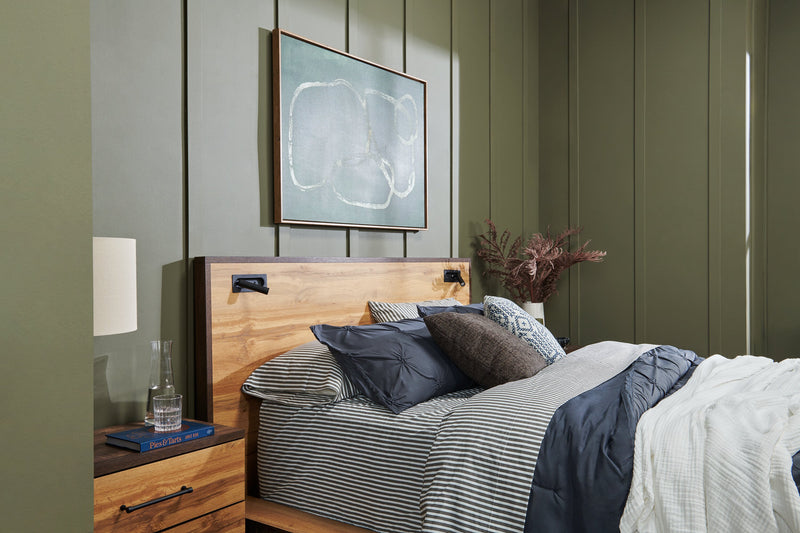 Silas Platform Bed with Headboard & Frame, LED, Rustic Brown - Queen Size