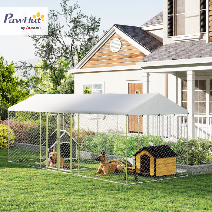 Pawhut Outdoor Dog Kennel With Two Rooms, Heavy Duty Dog Run Outdoor Fence Cage With Waterproof Uv-resistant Cover, Escape-proof Lock, 19.7' X 7.5' X 7.5'