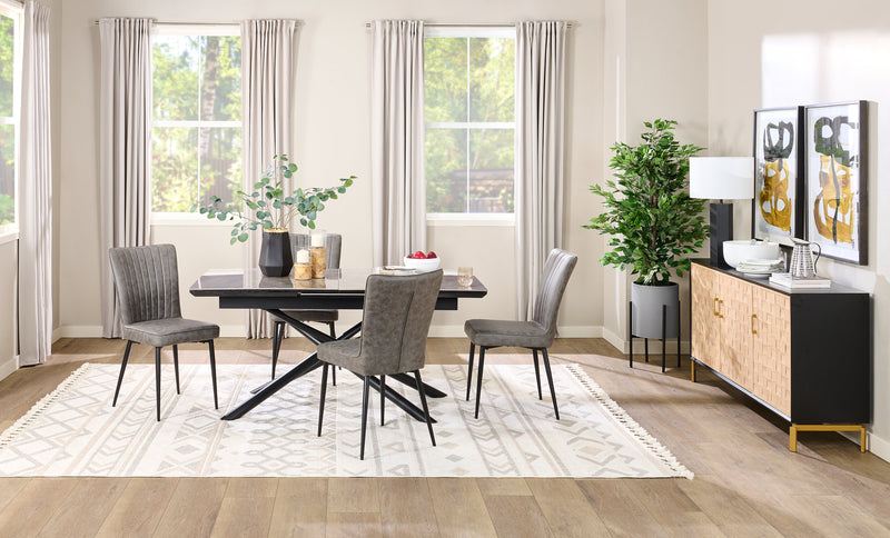 Tavo Dining Table with 63-79\"W Extension, Sintered Stone & Metal, Geometric Pedestal Base - Grey/Black
