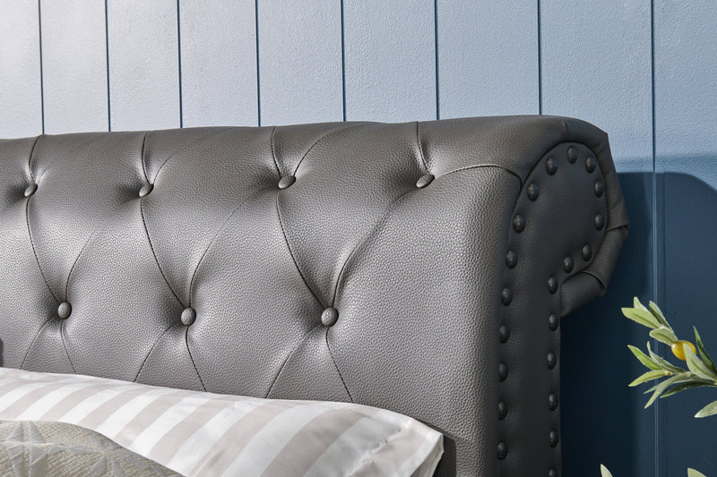 Tulsa Upholstered Platform Bed in Grey Vegan-Leather Fabric, Button Tufted - Queen Size