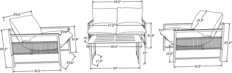 Vegas 4-Piece Outdoor Patio Set with Loveseat, 2 Chairs & Coffee Table - Resin Rope Wicker, UV & Weather Resistant - Grey/Black