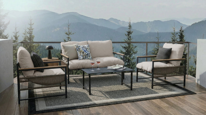 Vegas 4-Piece Outdoor Patio Set with Loveseat, 2 Chairs & Coffee Table - Resin Rope Wicker, UV & Weather Resistant - Natural/Black
