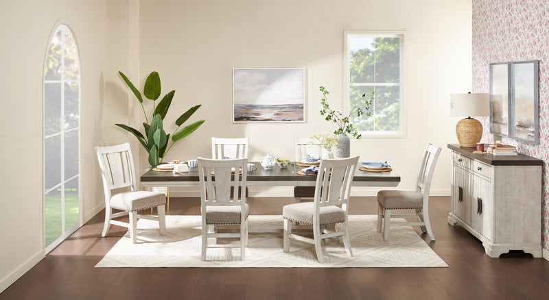 Willow Dining Table with Trestle Base, 84-106\"W Extension - Rustic White & Brown