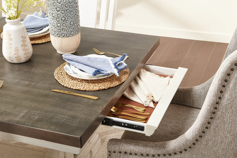 Willow Dining Table with Trestle Base, 84-106\"W Extension - Rustic White & Brown