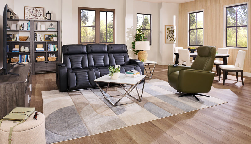 Zen 86\" Leather-Look Fabric Power Reclining Massage Sofa with Power Headrests and Drop-Down Console - Black