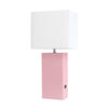 Elegant Designs Modern Leather Table Lamp with Usb And White Fabric Shade, Pink