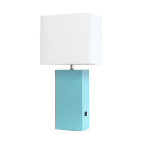 Elegant Designs Modern Leather Table Lamp with Usb And White Fabric Shade, Aqua