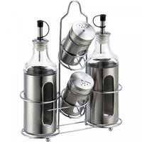 Twin Sauce Jars with Salt and Pepper Shaker on Stand