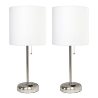 Limelights Brushed Steel Stick Lamp with Charging Outlet And Fabric Shade 2 Pack Set, White Lamp Set