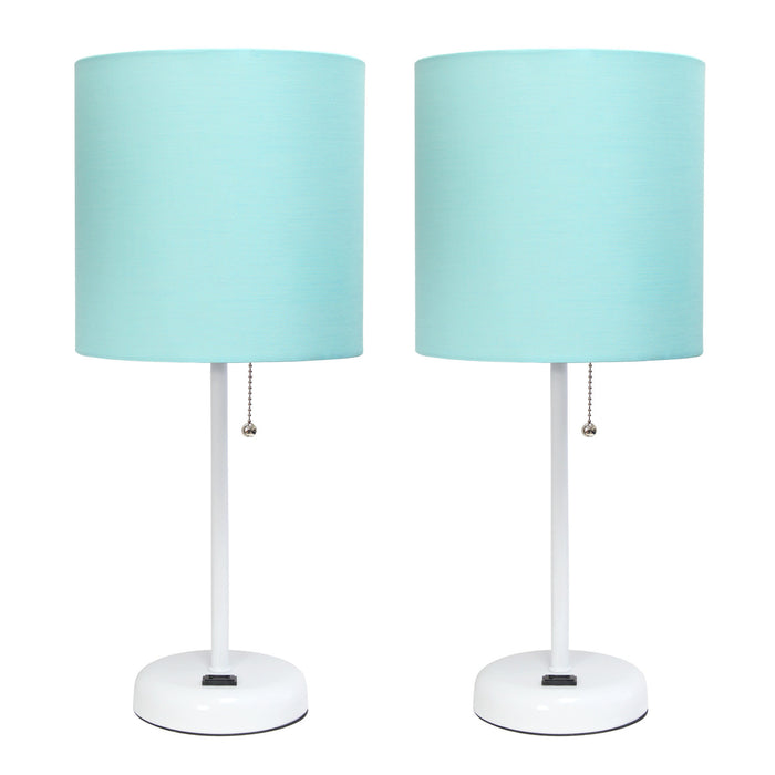 Limelights White Stick Lamp with Charging Outlet And Fabric Shade 2 Pack Set, Aqua Lamp Set