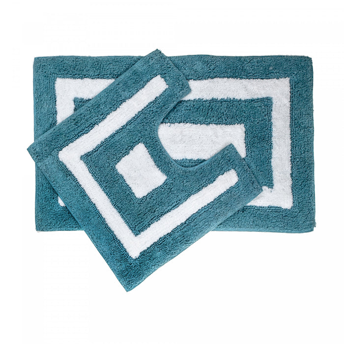 2pc Cotton Bathmat Set White/Blue Border Bathmat