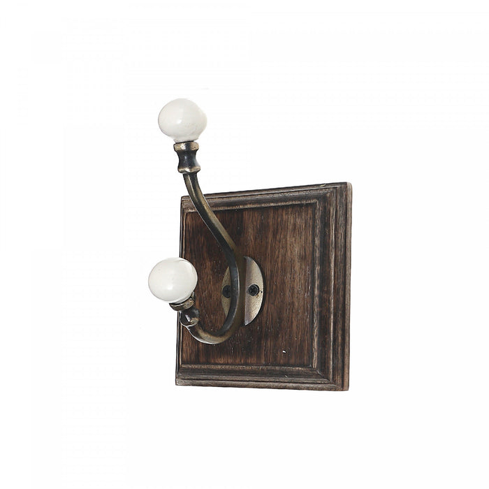 Antique Brass Hook with Ivory Knob on Wood Base Walnut - Set of 2 Hooks