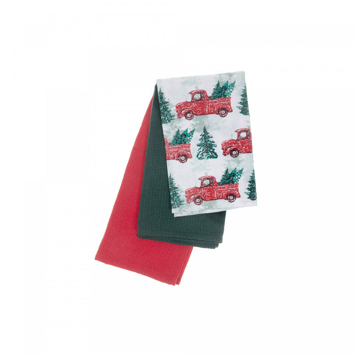 Kitchen Towel Set of 3 Pcs Red Truck with Tree - Set of 2 Kitchen Linen