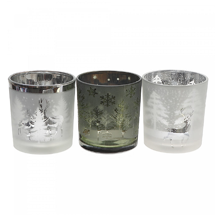 Glass Tealight Holders Frosted Winter - Set of 3 Candle Holder