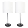 Limelights Black Stick Lamp with Charging Outlet And Fabric Shade 2 Pack Set, White Lamp Set
