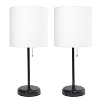Limelights Black Stick Lamp with Charging Outlet And Fabric Shade 2 Pack Set, White Lamp Set