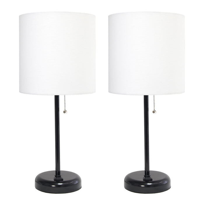 Limelights Black Stick Lamp with Charging Outlet And Fabric Shade 2 Pack Set, White Lamp Set