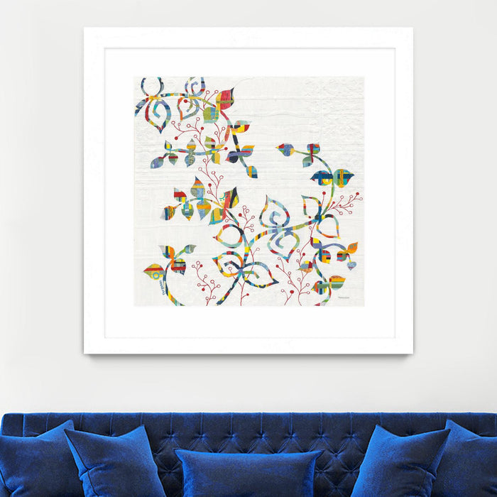\"Rainbow Vines With Berries\" Matted and Framed White 30x30 Wall Art