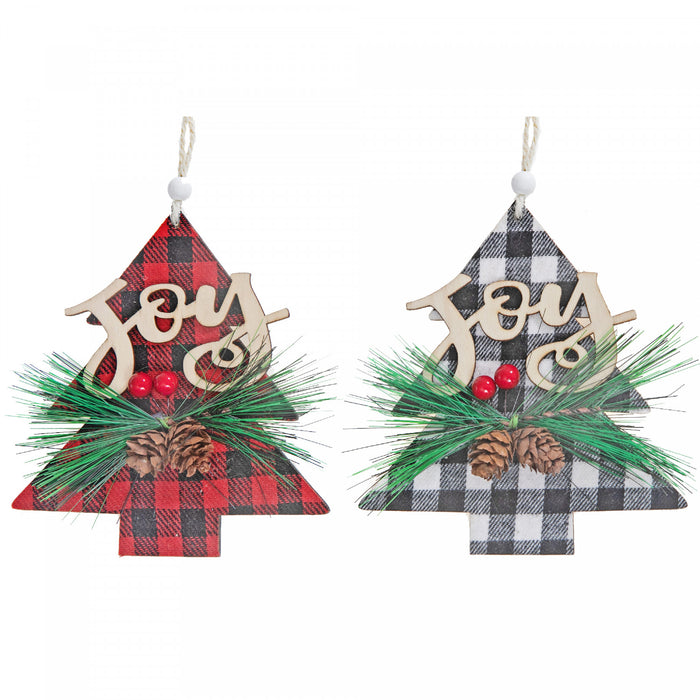 Buffalo Plaid Joy on Tree Wood Ornament - Set of 12 Christmas Ornaments