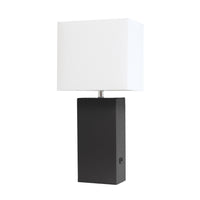 Elegant Designs Modern Leather Table Lamp with Usb And White Fabric Shade, Black