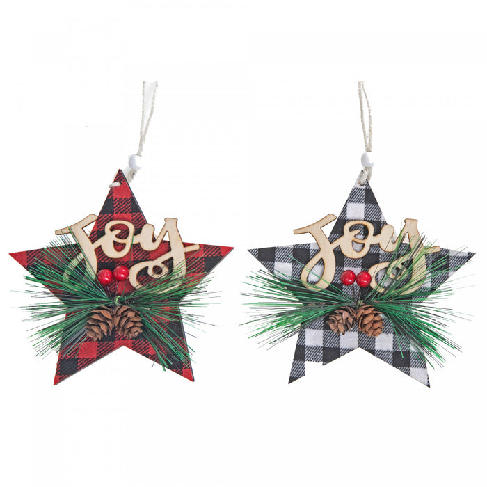 Buffalo Plaid Joy on Star Wood Ornament - Set of 12 Christmas Ornaments