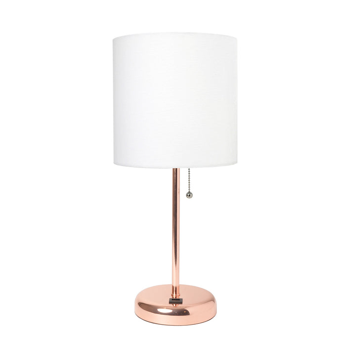 Limelights Rose Gold Stick Lamp with Usb Charging Port And Fabric Shade, White Table Lamp