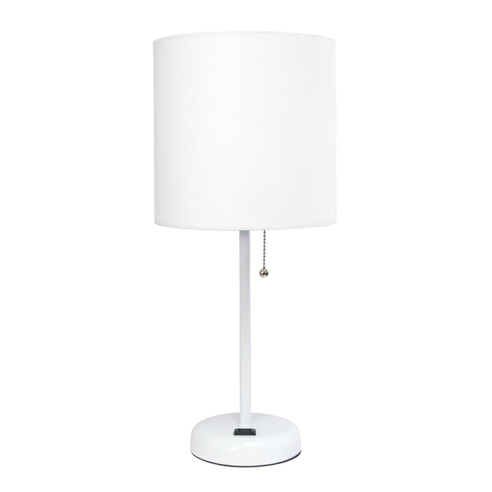 Limelights White Stick Lamp with Charging Outlet And Fabric Shade, White Table Lamp