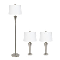 Elegant Designs Tapered 3 Pack Lamp Set (2 Table Lamps, 1 Floor Lamp) with White Shades, Brushed Nickel