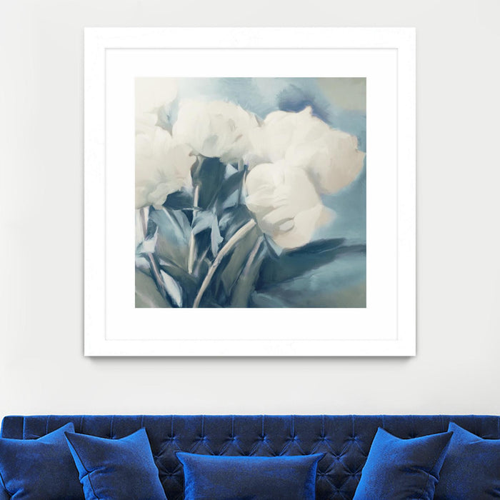 \"White Roses I\" Matted and Framed White 36x36 Wall Art