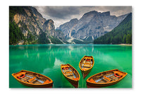 Beautiful Mountain Lake With Wooden Boats In Dolomites, Italy 28x42 Wall Art Frame And Fabric Panel