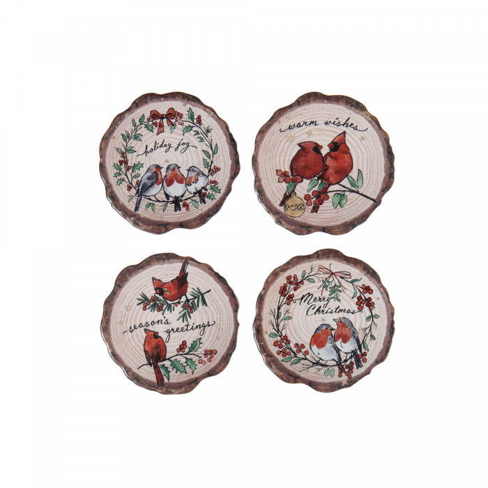 4 Pc Round Ceramic Coasters Wood Log Cheer - Set of 4