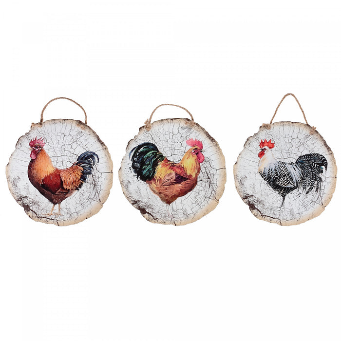 Hanging Round Log Wall Art Rooster -Set of 3 Wall Decor