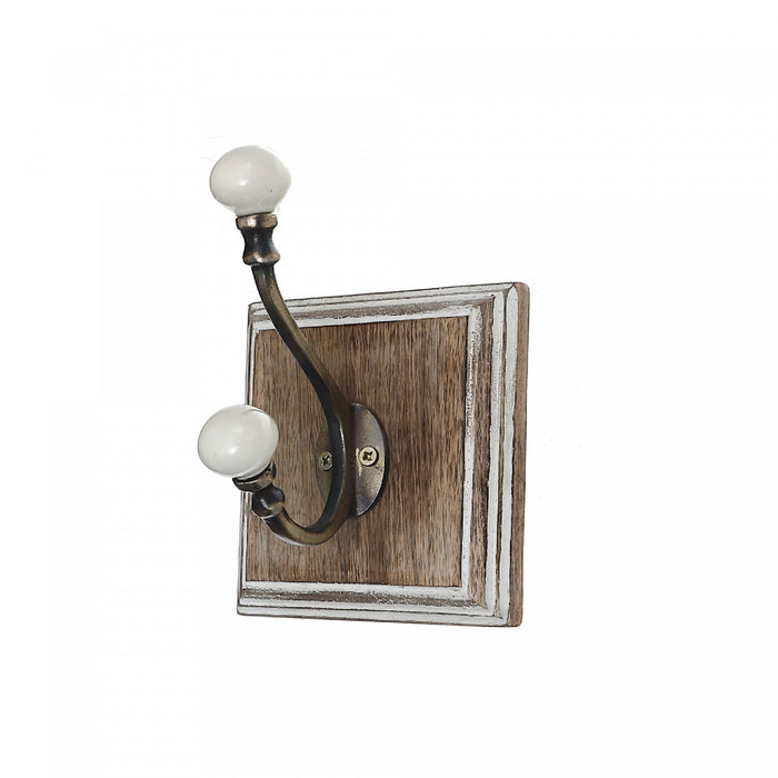 Antique Brass Hook with Ivory Knob on Wood Base White-wash - Set of 2 Hooks