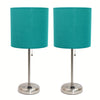 Limelights Brushed Steel Stick Lamp with Charging Outlet And Fabric Shade 2 Pack Set, Teal Lamp Set