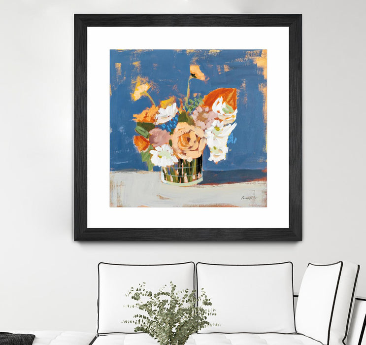 \"Peach And White Bouquet\" Matted and Framed Black 36x36 Wall Art