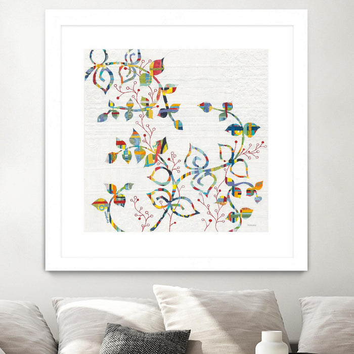 \"Rainbow Vines With Berries\" Matted and Framed White 30x30 Wall Art