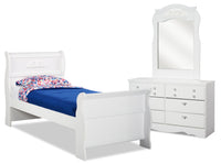 Diamond Dreams Sleigh Bed 5pc Set with Dresser & Mirror for Kids, White - Twin Size 