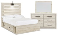 Abby 5pc Bedroom Set with Side Storage Bed, Dresser & Mirror, LED, USB, White - Full Size 