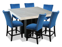 Cami 7pc Counter-Height Dining Set with Table & 6 Blue Chairs, Genuine Marble Top, 54