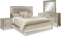 Diva 6pc Bedroom Set with Bed, Dresser, Mirror & Nightstand, Glam, Vegan Leather, Silver - Queen Size 