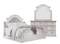 Grace 5pc Bedroom Set with Bed, Dresser & Mirror, Wooden, Fabric, Antique White - King Size 