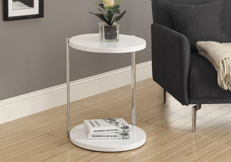 Glossy White and Chrome Metal Accent Table