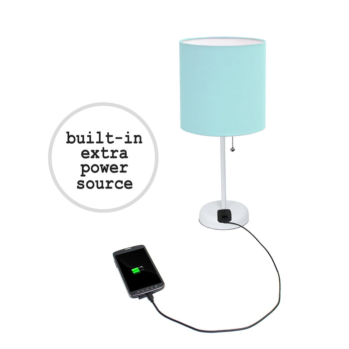 Limelights White Stick Lamp with Charging Outlet And Fabric Shade 2 Pack Set, Aqua Lamp Set