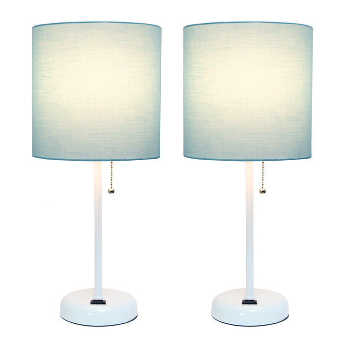 Limelights White Stick Lamp with Charging Outlet And Fabric Shade 2 Pack Set, Aqua Lamp Set