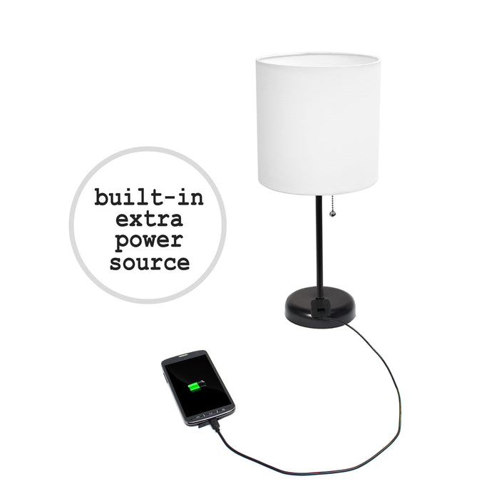 Limelights Black Stick Lamp with Charging Outlet And Fabric Shade 2 Pack Set, White Lamp Set