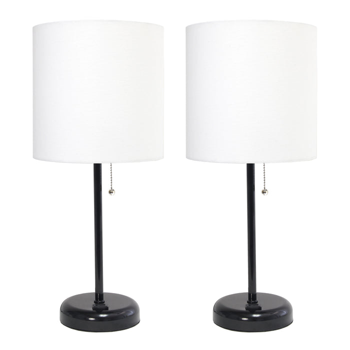 Limelights Black Stick Lamp with Charging Outlet And Fabric Shade 2 Pack Set, White Lamp Set