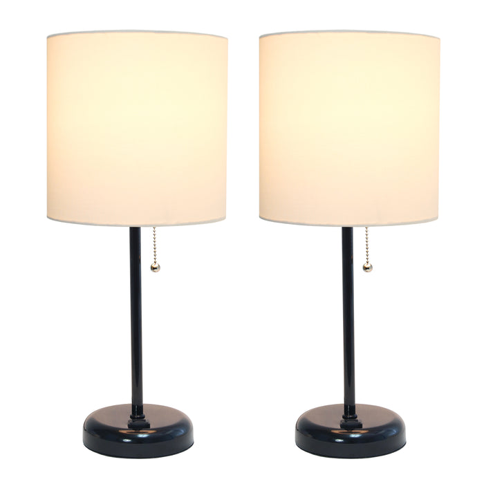 Limelights Black Stick Lamp with Charging Outlet And Fabric Shade 2 Pack Set, White Lamp Set