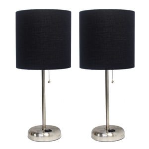 Limelights Brushed Steel Stick Lamp with Charging Outlet And Fabric Shade 2 Pack Set, Black Lamp Set