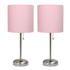 Limelights Brushed Steel Stick Lamp with Charging Outlet And Fabric Shade 2 Pack Set, Light Pink Lamp Set