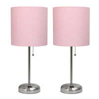 Limelights Brushed Steel Stick Lamp with Charging Outlet And Fabric Shade 2 Pack Set, Light Pink Lamp Set